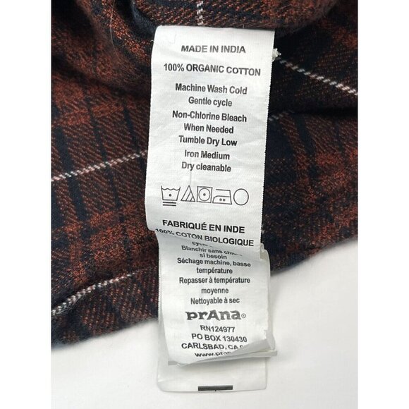 PRANA Mens SMALL Rust/Navy Plaid L/S Button-Up Organic Cotton FLANNEL SHIRT EUC - Picture 7 of 7